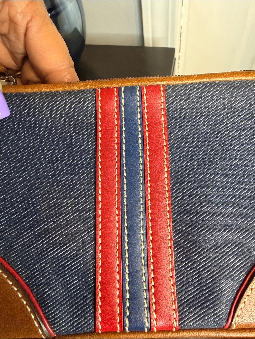 Coach Denim Wristlet with Tan Leather and Red Stripe Y2K - Picture 3 of 10